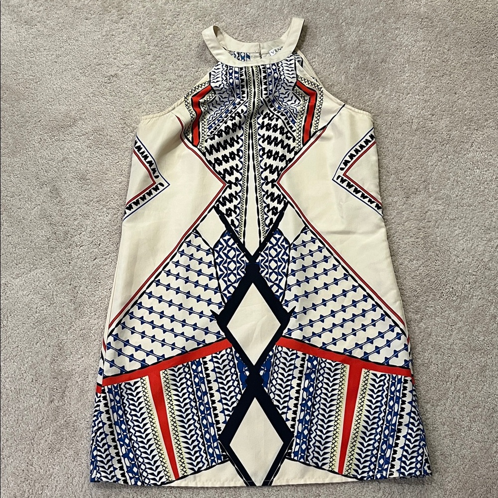 VENUS Blue and Red Geometric Mini Dress